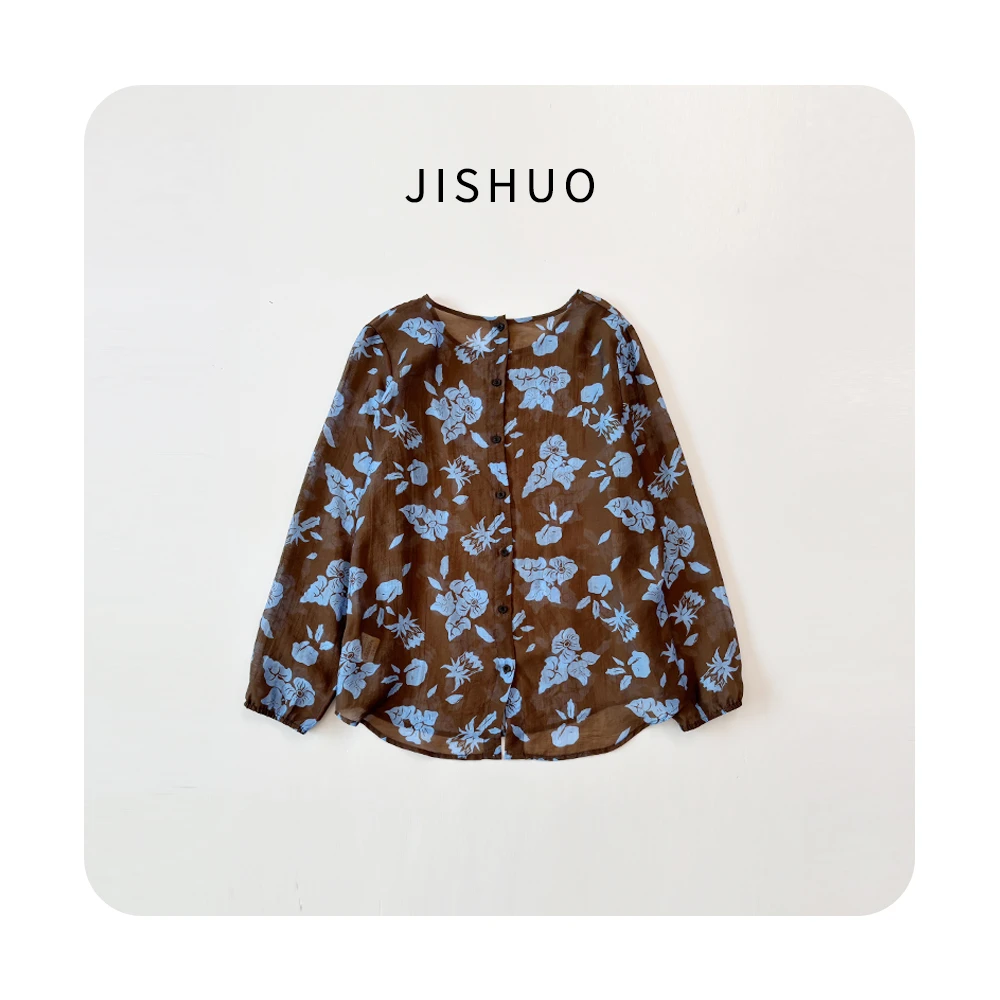 夏季衬衫上衣碎花衬衣长袖复古印花女装