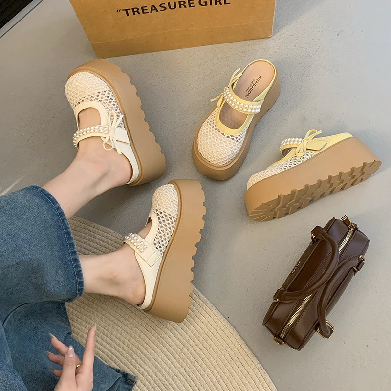 法式包头半拖鞋女2025年夏季珍珠仙女风厚底镂空透气玛丽珍凉拖鞋