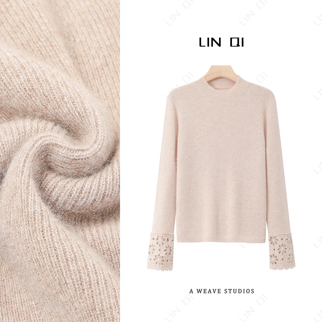 休闲洋气 钩花镂空针织打底衫女冬季新款设计感内搭半高领上衣