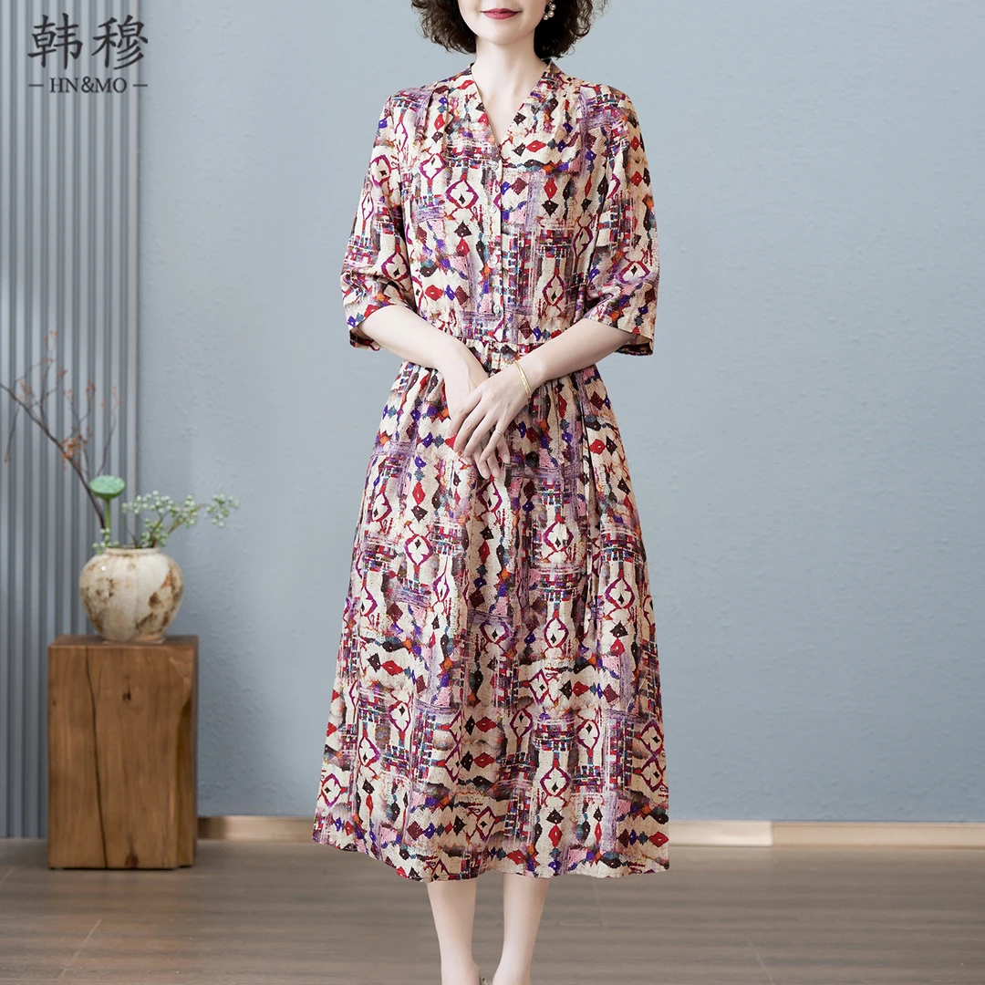 韩穆轻奢高级感天丝亚麻连衣裙女2025夏装新款时尚贵气轻奢长裙子