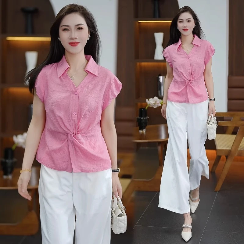 时尚套装女2025夏季新款时髦洋气设计感短袖衬衫阔腿裤气质两件套
