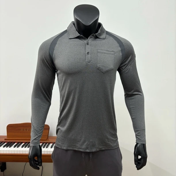 男子春夏速干弹力运动休闲翻领长袖T恤