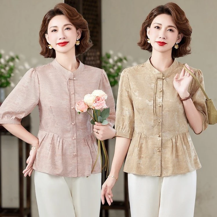 妈妈夏装短袖衬衫国风宽松洋气小衫时尚显瘦上衣新款女装中式衬衣
