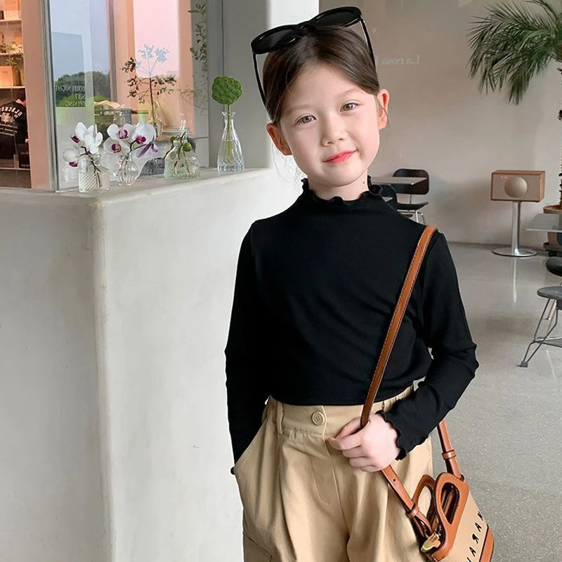 打底衫春秋装2025新款儿童高弹木耳边长袖t恤小女孩打底上衣女宝