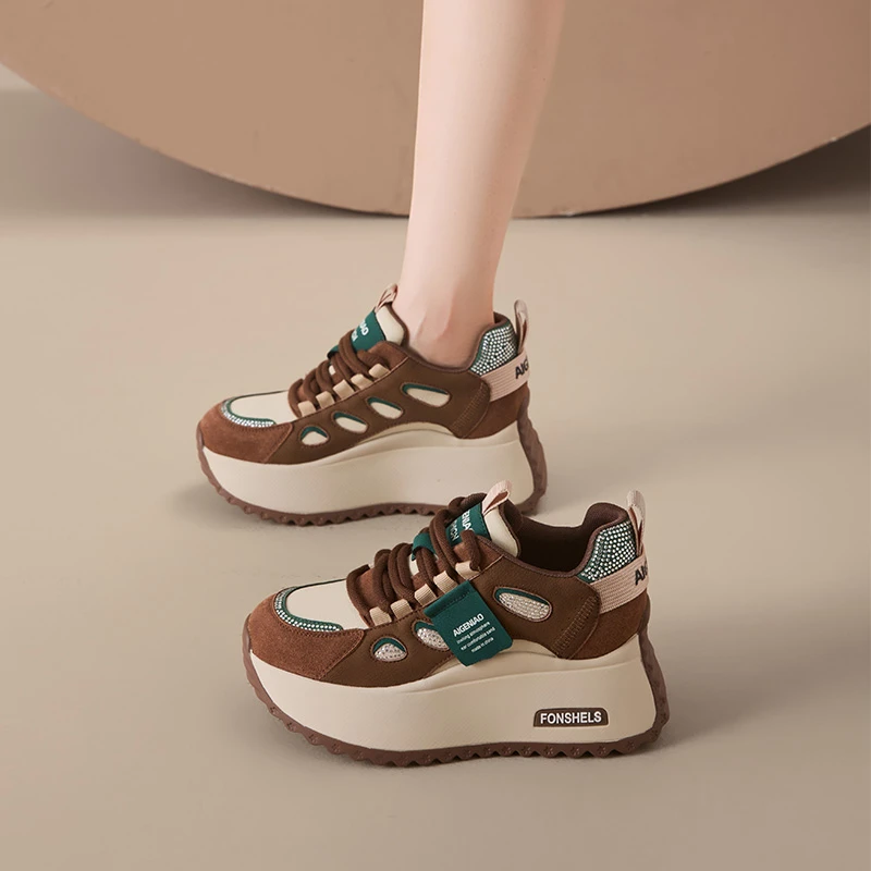 艾格鸟增高9cm老爹鞋女2025秋新款网面水钻阿甘鞋厚底内增高女鞋