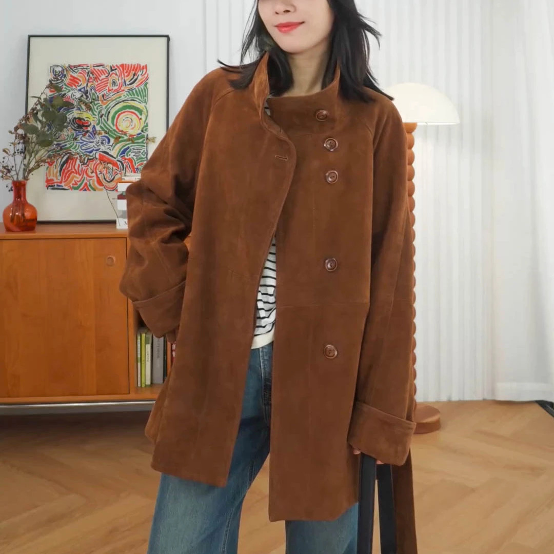 莫瑞系2025真皮皮衣女 进口混种羊皮外套立翻领宽松翻绒面皮大衣