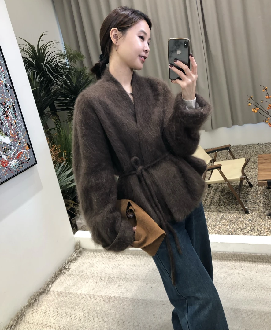 柔肤之享羊绒拉毛_高级感摩卡棕气质百搭冬款针织毛衣开衫外套女