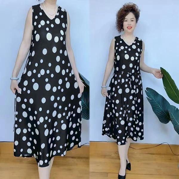 夏季新款时尚外穿无袖中长款显瘦波点连衣裙大码女士妈妈装 055
