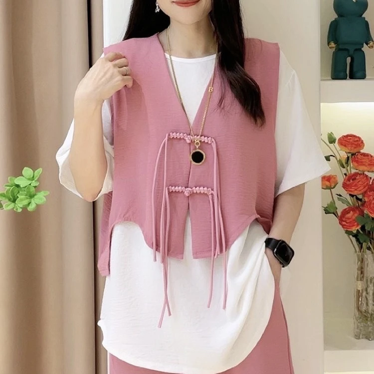 七分袖真两件套装夏季大码女装盘扣马甲宽松休闲百搭两套女7040