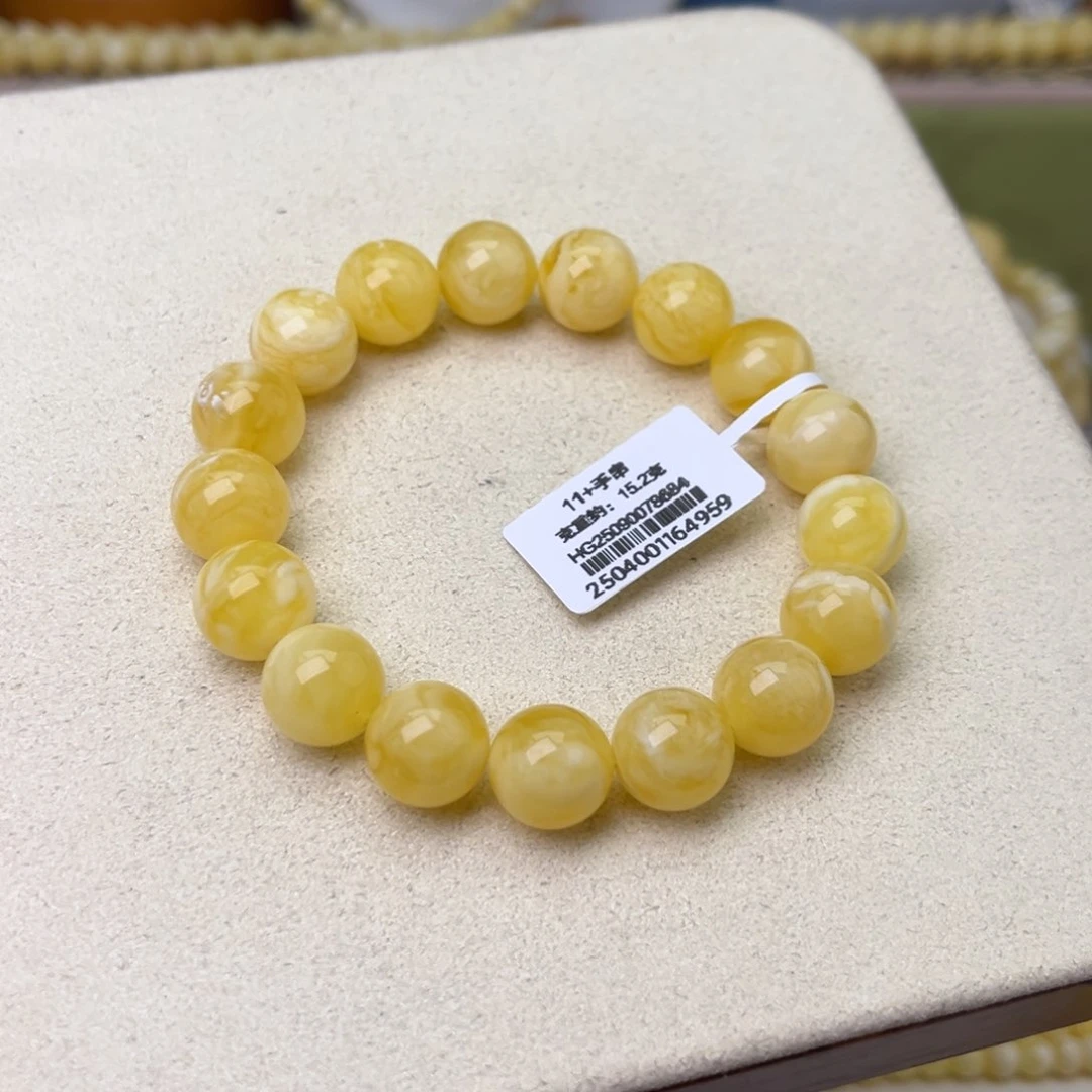 手串蜜蜡未镶嵌11大加圆珠橘底瓷白花蜡