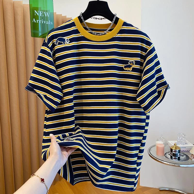 大码240斤韩版小狗刺绣条纹t恤短袖2025夏季新款宽松慵懒圆领上衣