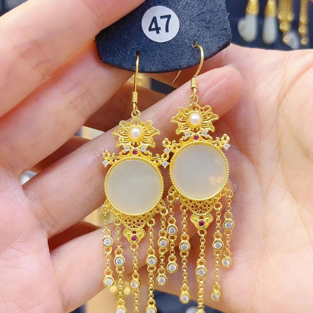 和田玉银S925镀金镶嵌耳饰