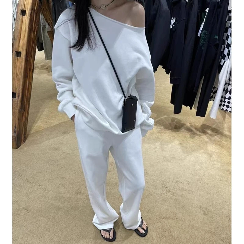 露肩卫衣白色运动套装女2025新款慵懒休闲长裤纯色斜肩上衣两件套