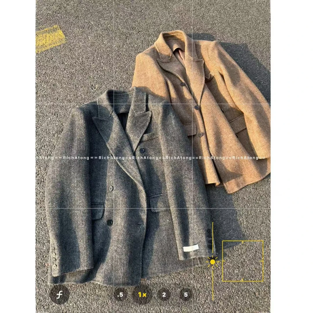 atong/阿彤-【人字呢】-2025西装领高级彩线手工缝制韩版大衣