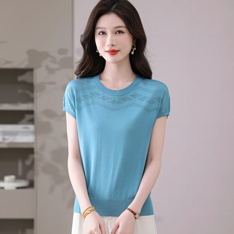100%天丝莱赛尔短袖t恤女夏季新款妈妈宽松镂空圆领上衣针织小衫