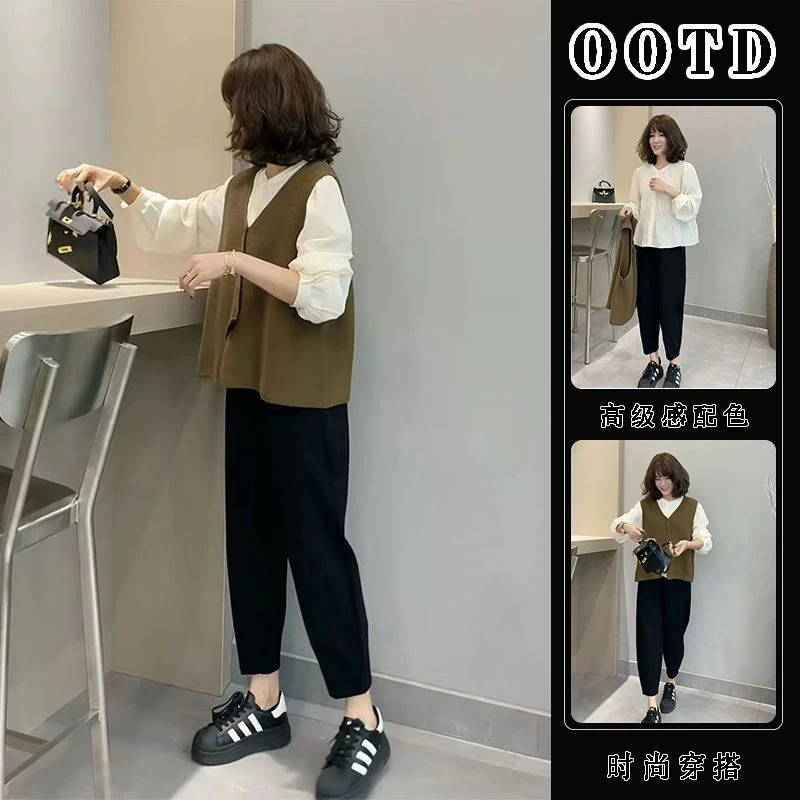 初秋季新款女装显瘦遮肉套装小个子减龄洋气时尚韩剧穿搭三件套秋