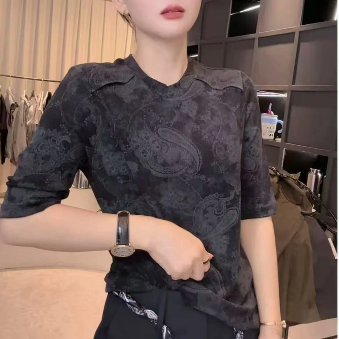 姚家秋季新款女士上衣圆领中袖百搭时尚洋气修身显瘦T恤印花小衫