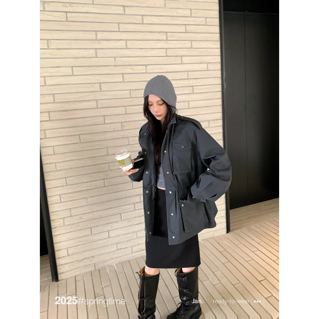 SUNONEONE收腰休闲外套女春宽松立领口袋休闲显瘦工装上衣H0796W