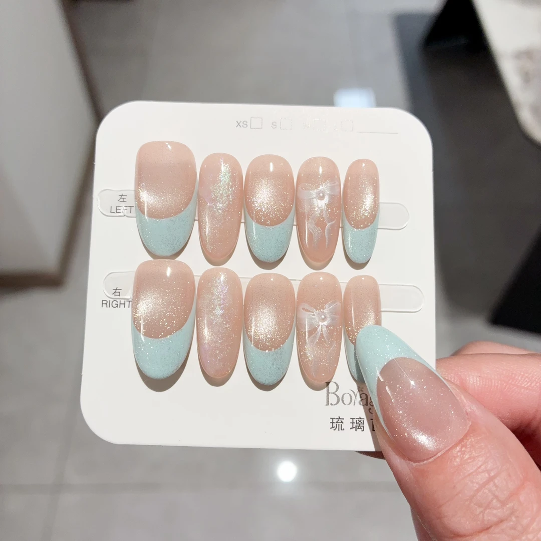 糖霜-蓝色 琉璃苣 纯手工法式手绘蝴蝶结穿戴美甲贴片