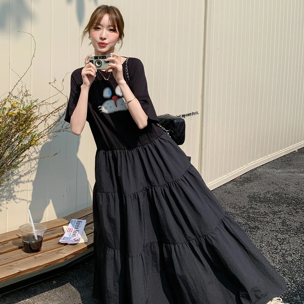 假两件拼接2025T恤长裙女ins趣味印花过膝脚踝超长宽松减龄连衣裙