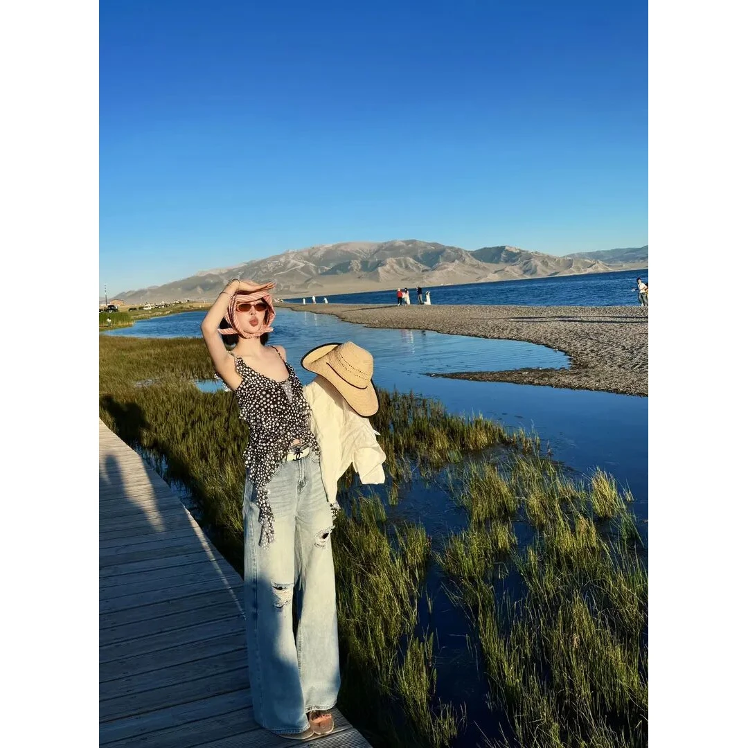 2025夏季独特漂亮小衫韩系波点印花木耳边上衣防晒开衫破洞牛仔裤