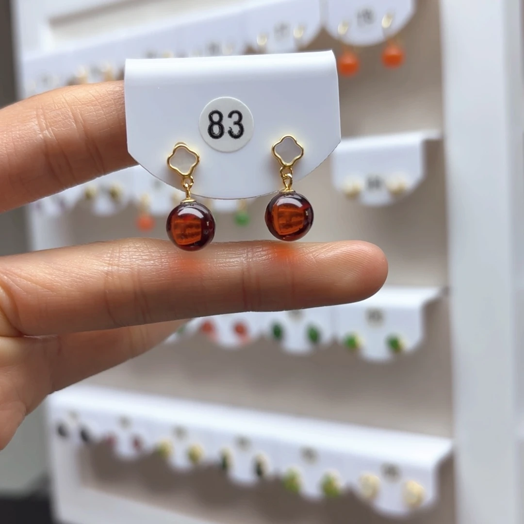 琥珀耳饰银S925镶嵌血珀