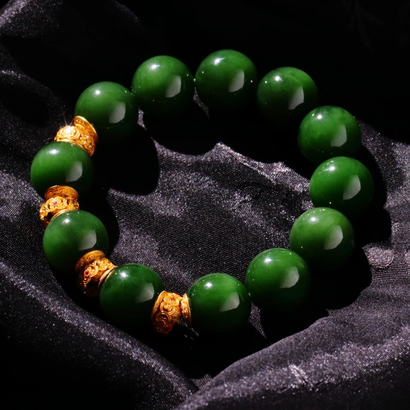 【泓贝珠宝-L910】18k金配饰和田玉碧玉黑猫眼圆珠手串NGTC国检证