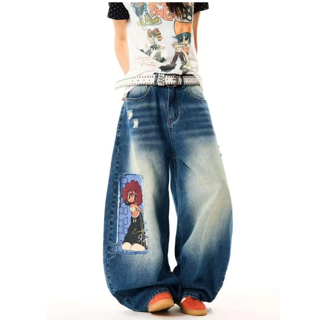美式卡通拼布弯刀牛仔裤男女设计感高街长裤宽松百搭拖地阔腿裤潮
