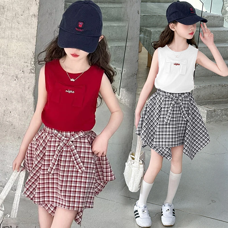 短袖t恤女童套装夏季新款女大童背心+格子不规则半身裙街舞穿搭潮