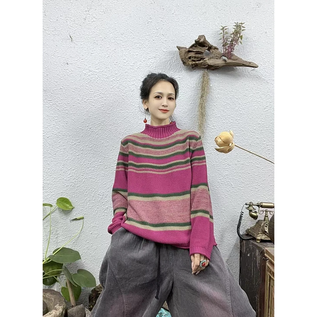 2787棉线高领横条纹长袖上衣（长63胸围144