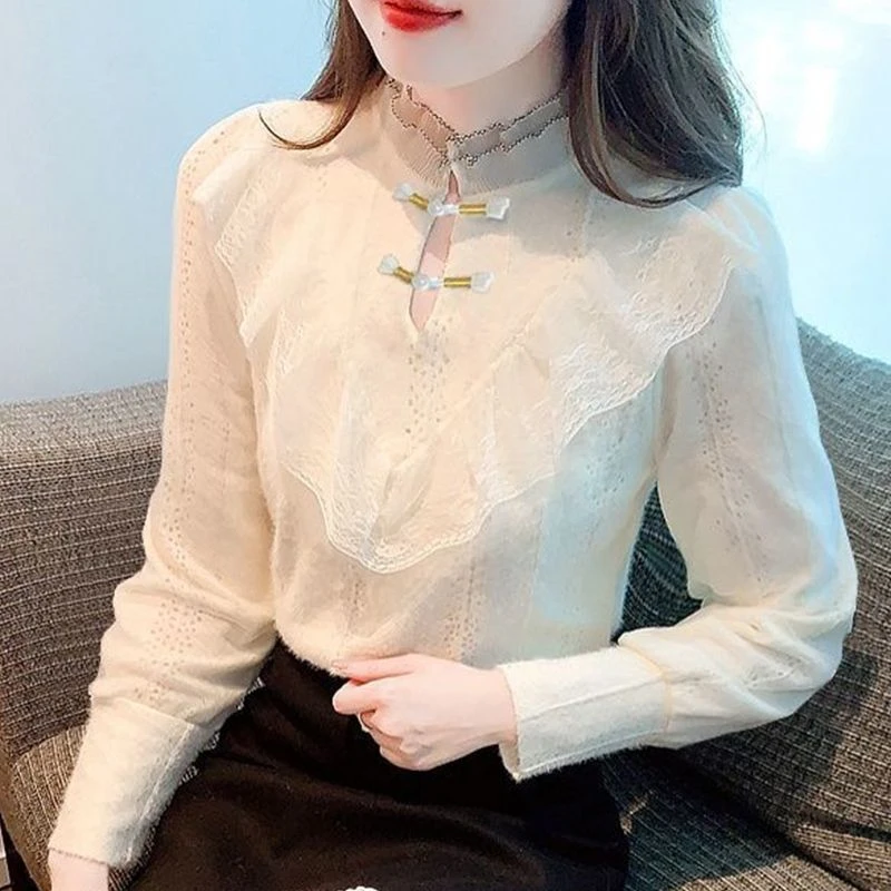 2025秋冬新款衬衫女盘扣立领长袖打底衫气质百搭显瘦减龄保暖上衣