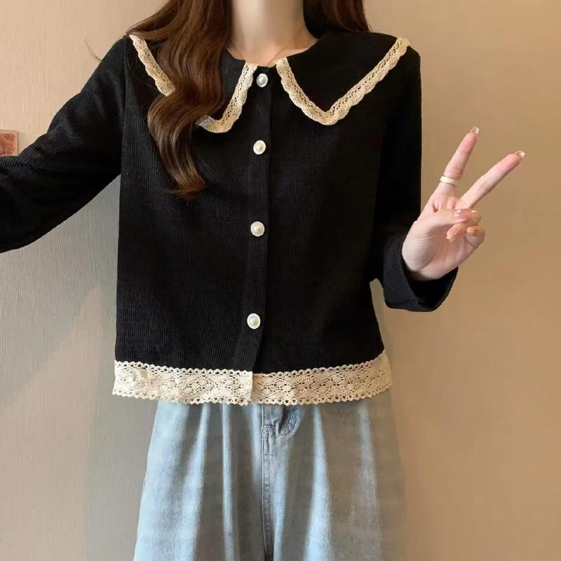 大码娃娃领长袖衬衫2025新款女秋装胖mm宽松法式拼接蕾丝花边上衣