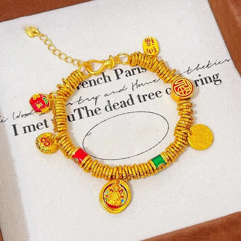 铜合金手链 金色同款烧蓝黄财神盘缠手链古法手工国风编绳金手链