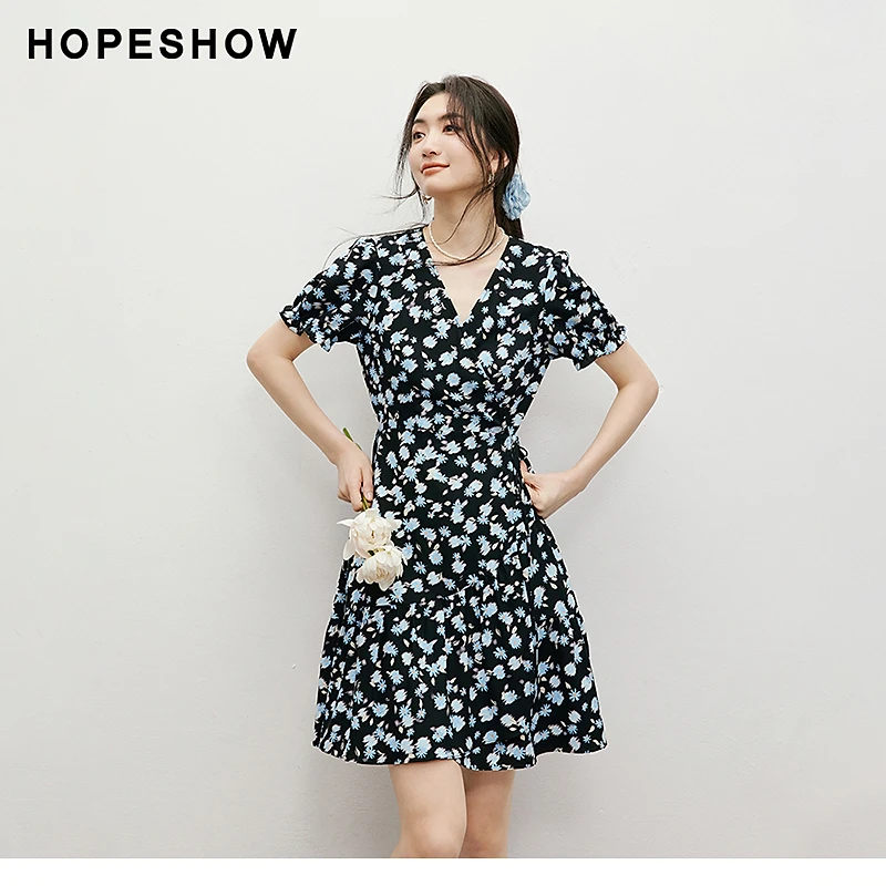 红袖2025夏季女装【南法浪漫】泡泡袖收腰雪纺茶歇裙90125151619