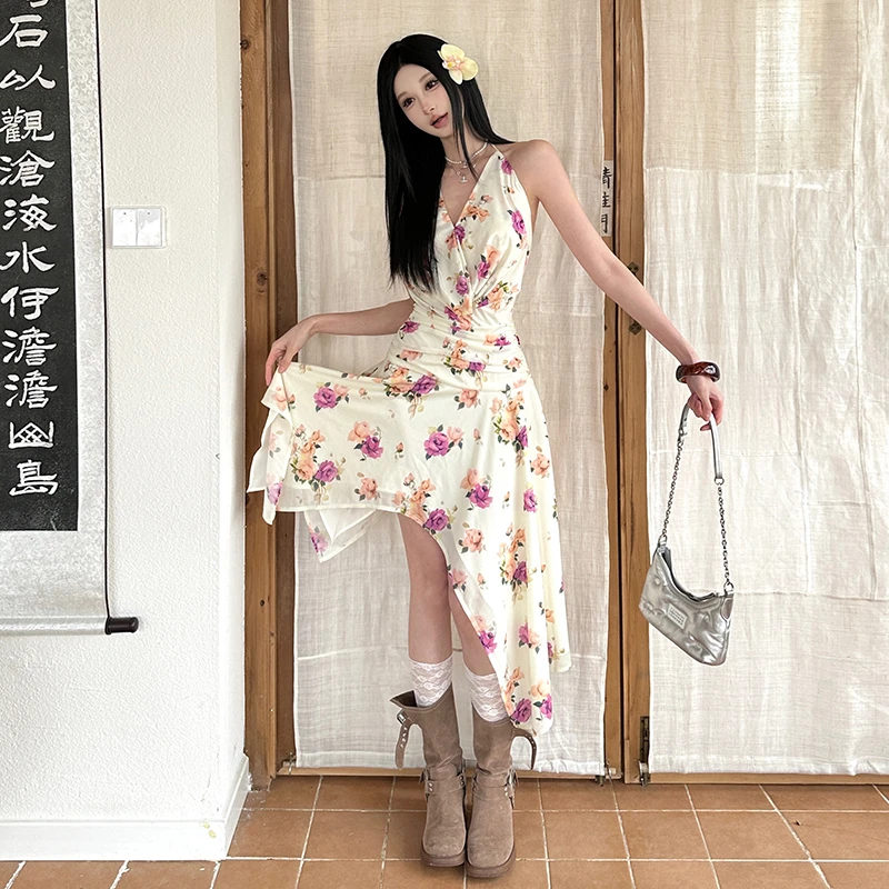 Malou 艺术感田园风不规则深V领显瘦性感繁花连衣裙女K25D66887