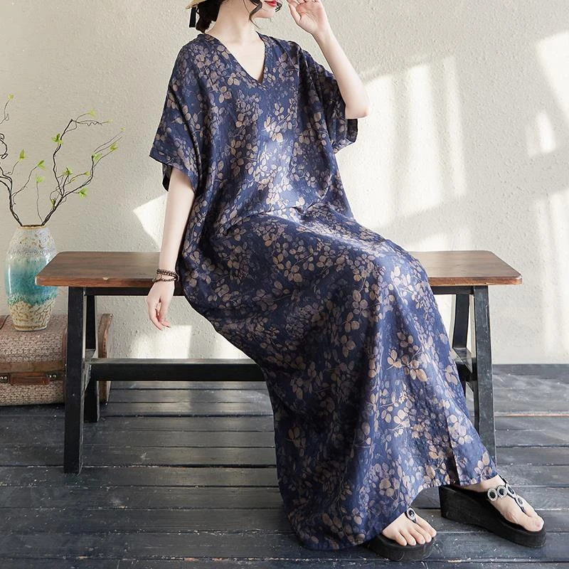 哥弟阿玛施正品折扣捡漏早秋新款棉嘛印花V领宽松大码简约度假风