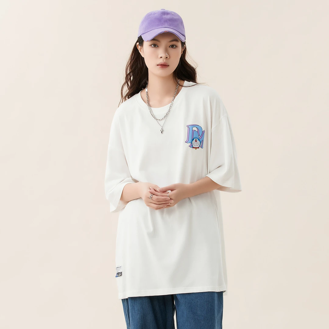 #32041W刺绣印花圆领夏季纯棉宽松休闲潮流百搭短袖情侣同款