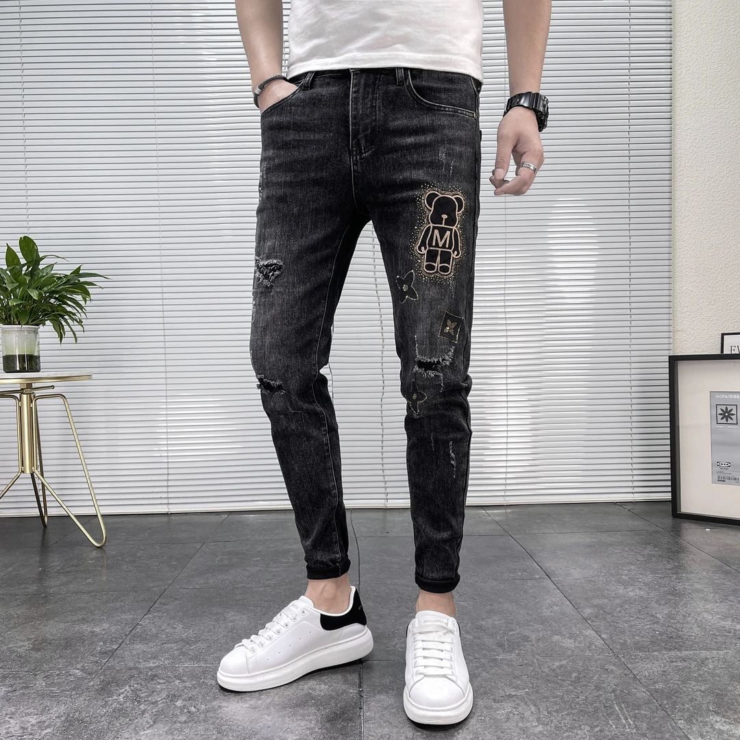 2024春秋季新款时尚潮流破洞贴布牛仔裤男高街潮牌修身小脚休闲裤