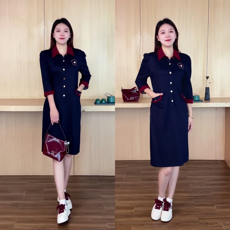 百花果【防褪色】2025秋新款翻领软牛仔气质款七分袖大码女装连衣裙