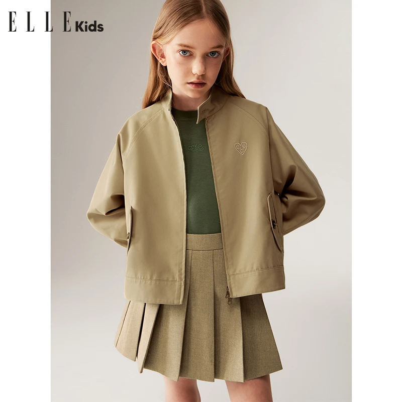 6507 ELLE KIDS 休闲立领双头拉链夹克刺绣插肩袖短外套时尚Q2