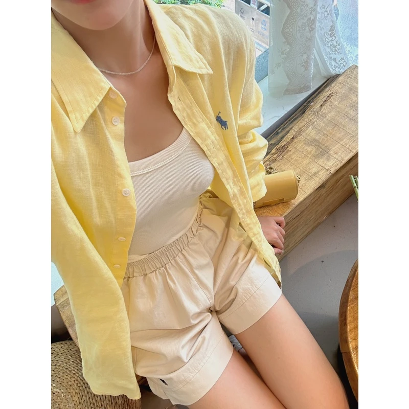 【新品】轻奢【小马刺绣】春夏新款纯亚衬衫长袖纯色休闲通勤防晒衬衫