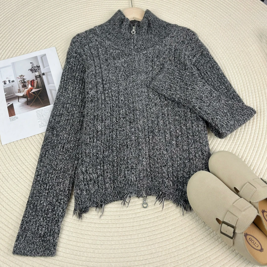 玲姐定制-双拉链款开衫流苏边毛衣字母刺绣款针织开衫238121
