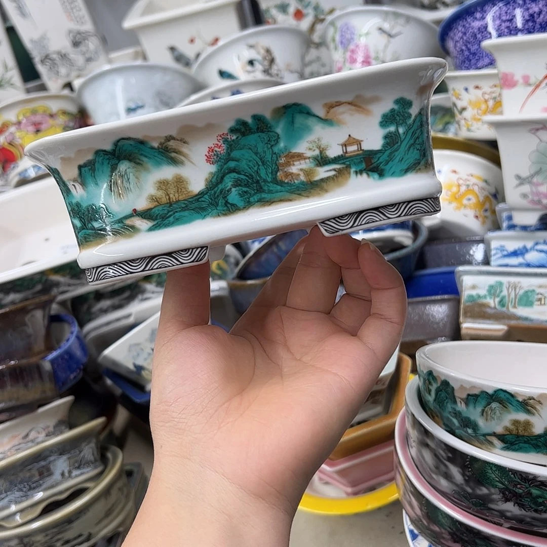 紫砂花盆276号瑕疵18/14/5.5cm仿手绘青绿山水