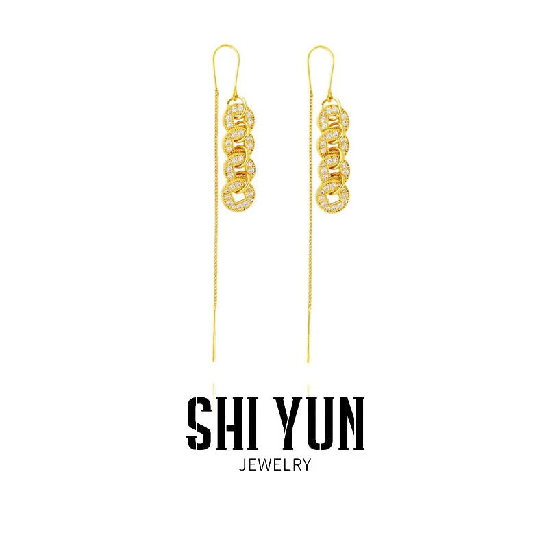 铜合金合成锆石耳饰 新中式五帝钱币耳线长款流苏耳坠C6664