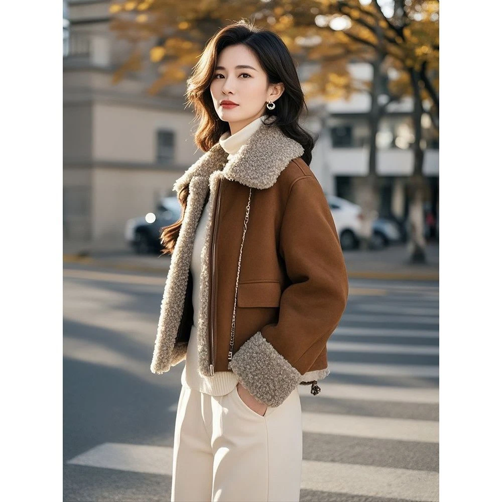 今年流行的爆款独特超好看保暖咖色皮毛一体羊羔绒厚外套女秋冬季