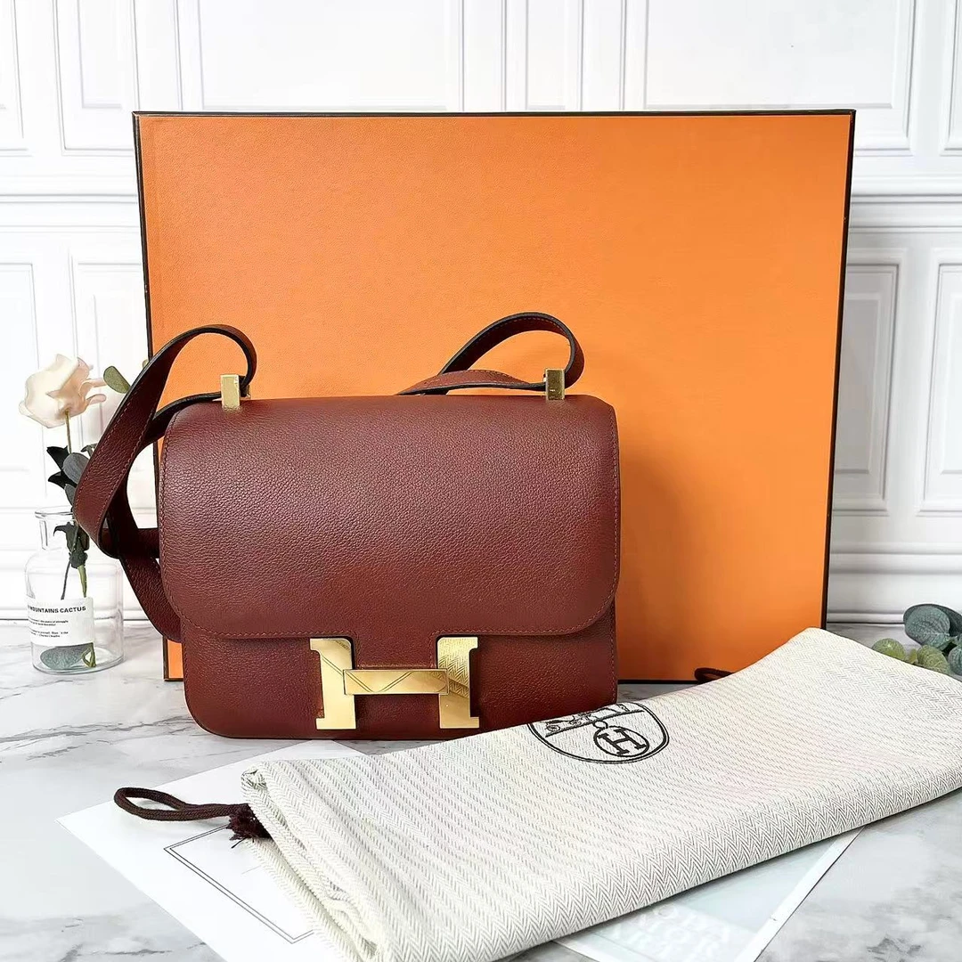 95新 Hermes/爱马仕 Hermes/爱马仕康康24酒红色金扣单肩包