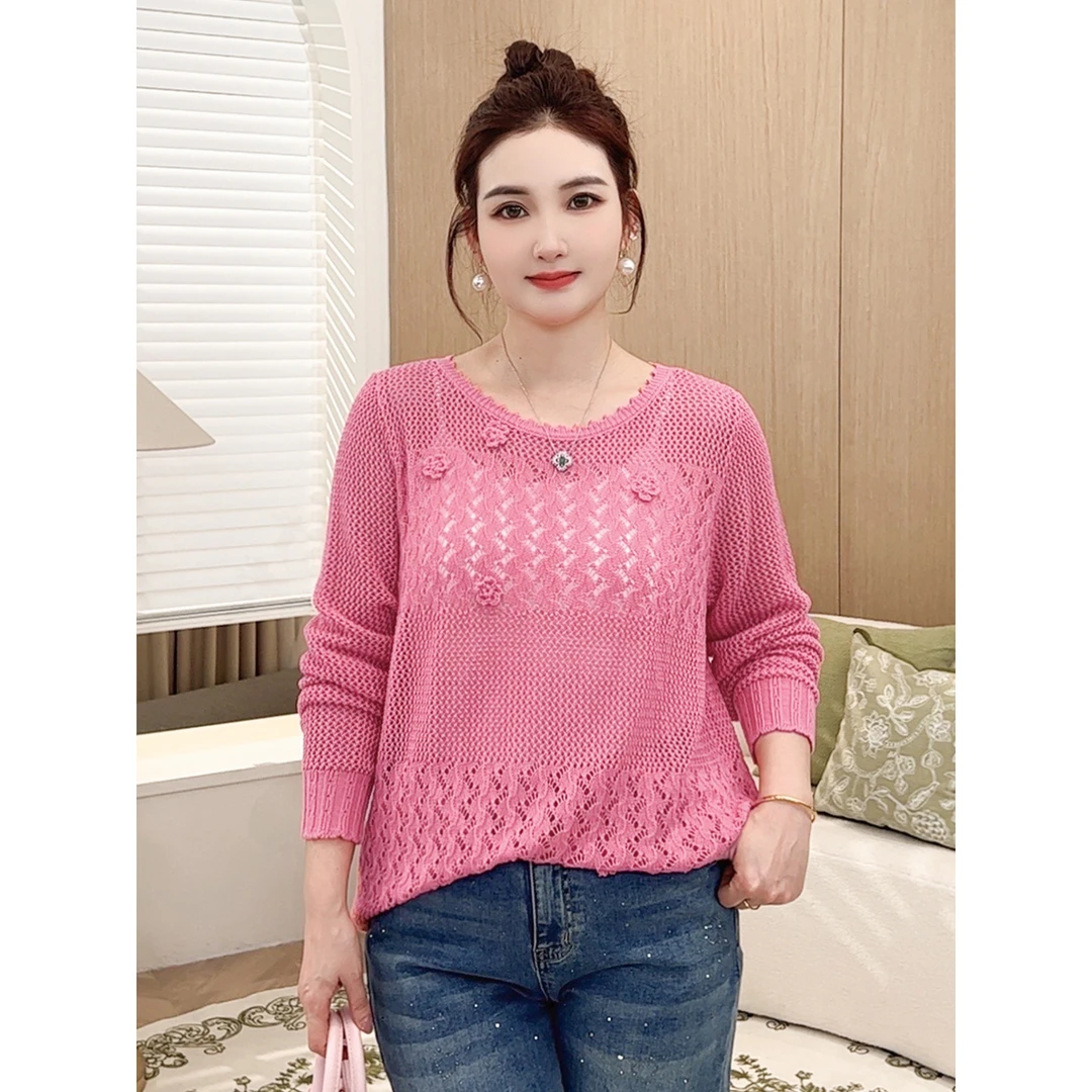 【28支晴棉】MsShe大码女装春季立体花朵镂空针织衫上衣S~E2502025