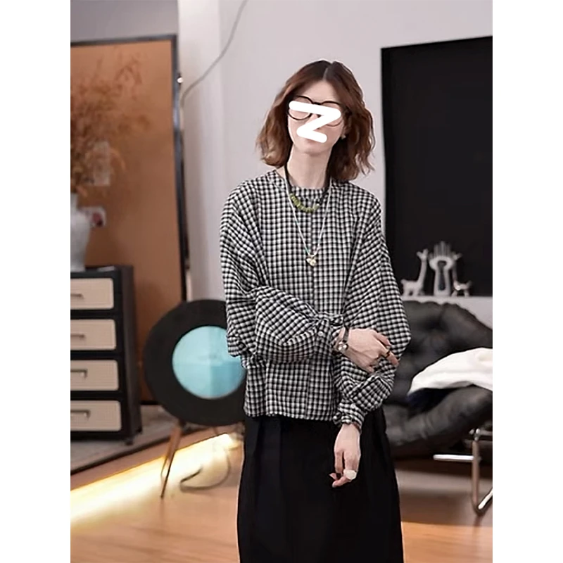 复古黑白格子衬衫女早秋季新款气质时尚百搭潮流休闲宽松显瘦上衣
