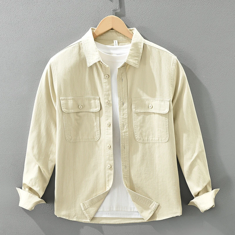 秋季新款衬衫男士长袖上衣纯色工装纯棉外套款式休闲百搭