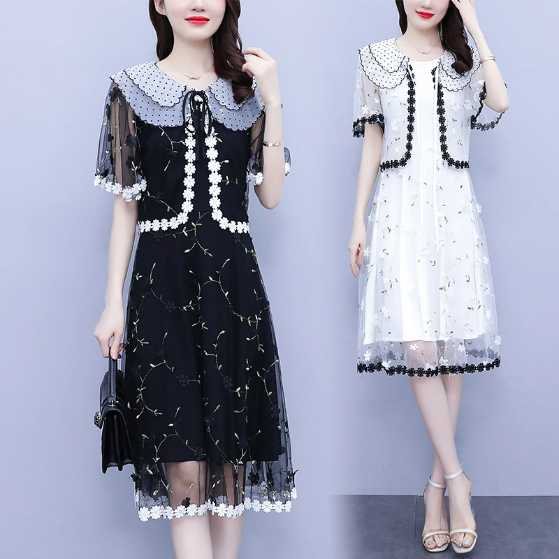 大码女装胖夏季新款韩版短袖网纱拼接连衣裙两件套